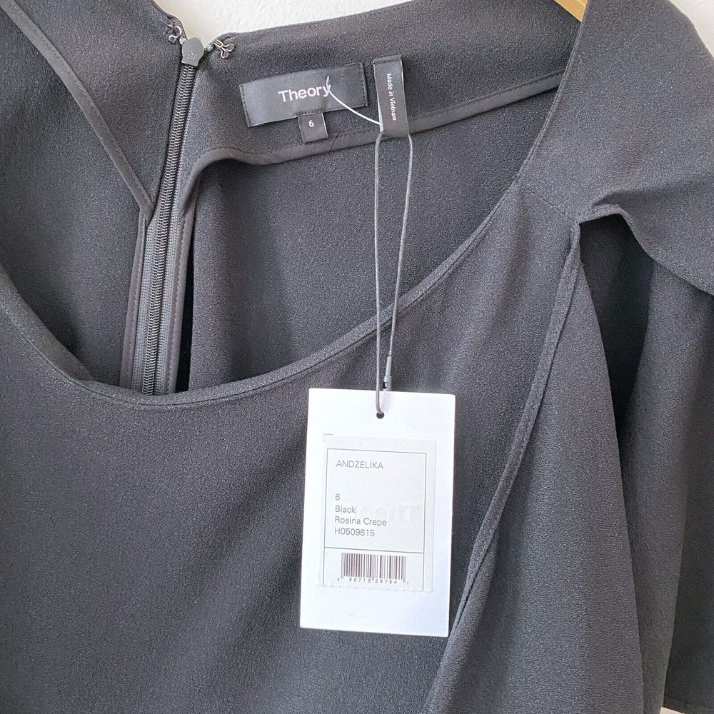 NEW - THEORY Andzelika Black Dress Rosina Crepe Ruffled‎ Split Sleeve Size 6 - Picture 6 of 9